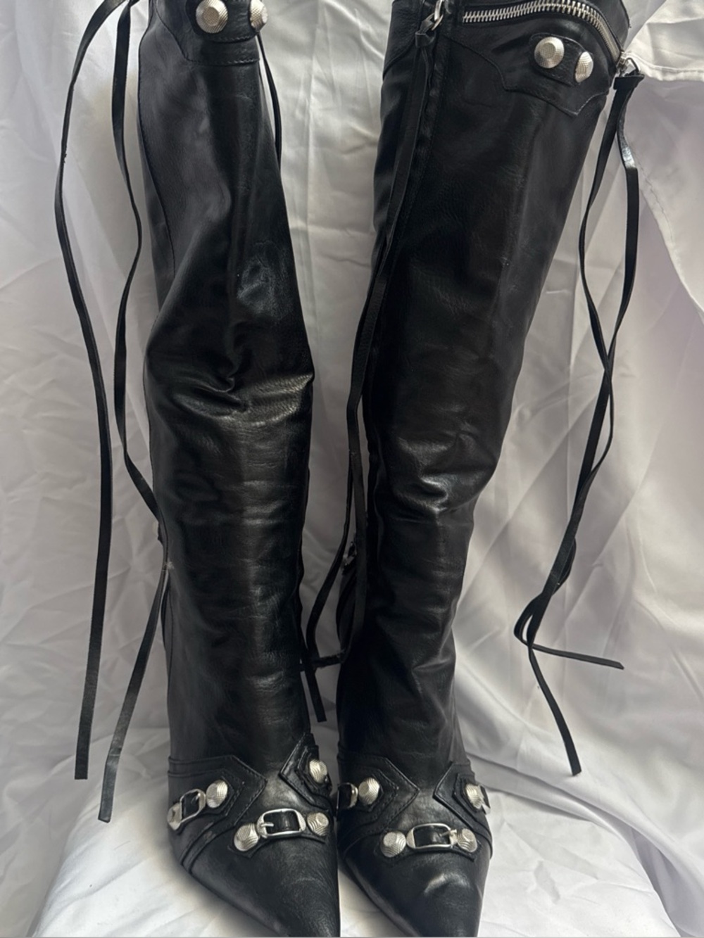 Womens Black Knee-High Pointed Toe Leather Boots